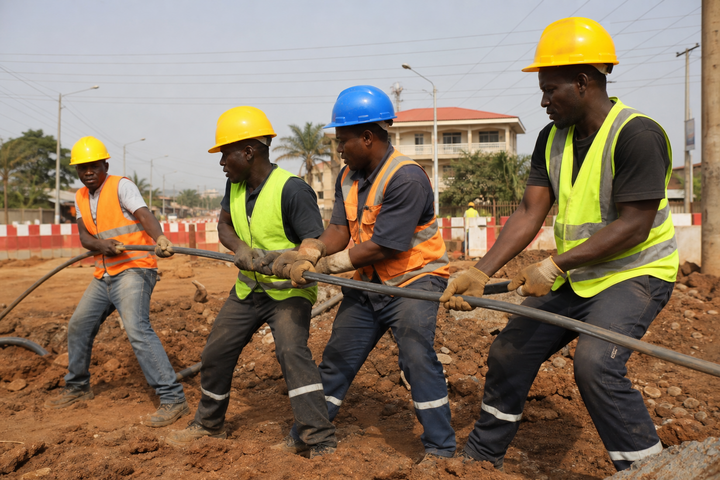 Electrical technicians routing cables on a project site (illustrative).