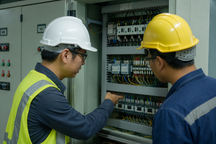 Technicians at a low-voltage distribution panel (illustrative).