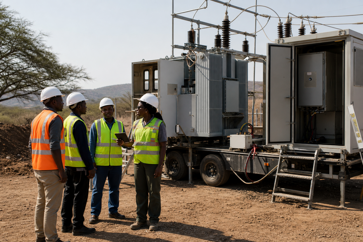 Team at an outdoor substation structure (illustrative).