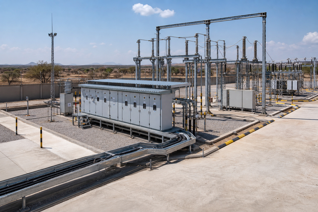 Outdoor medium-voltage substation with switchgear (illustrative).